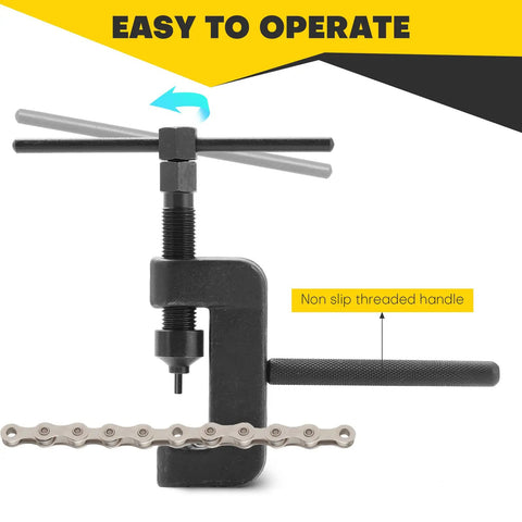 Chain breaker tool from 13 Piece Chain Breaker Tool Kit With Universal Chain Cutter And Riveter Set in use, black handle