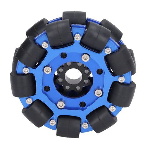 Aluminum Alloy Robot Wheels 4 Inch Omnidirectional Hub Components, front view of blue wheel showing bearings for toy robots.