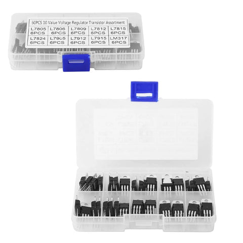 60 Piece Transistor And Regulator Variety Pack With 10 Value Types Including L7805CV And LM317T, Storage Box, Perfect For Electronics Pros