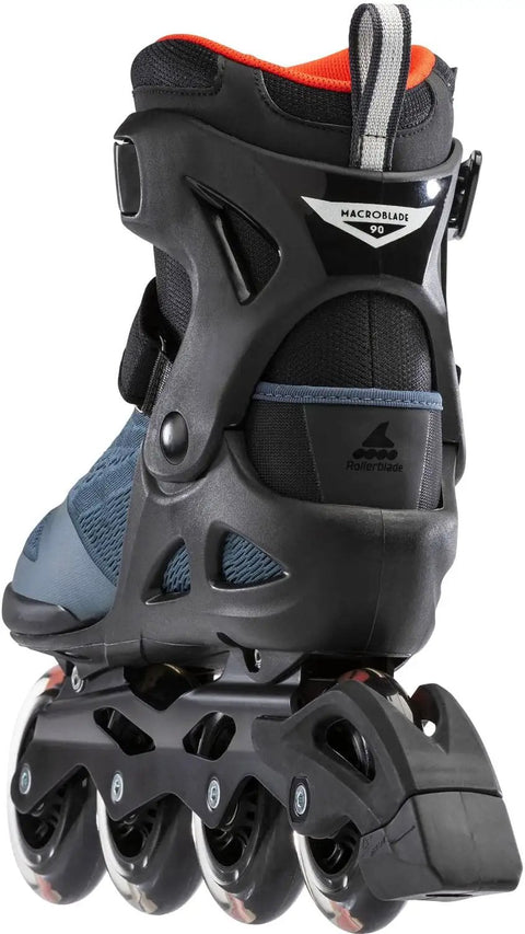 Macroblade 90 Fitness Inline Skates For Men With High Cuff Lateral Support For Stability While Training And Skating Faster Orion Blue Spicy Orange shown from the back, highlighting wheel alignment and cuff support.