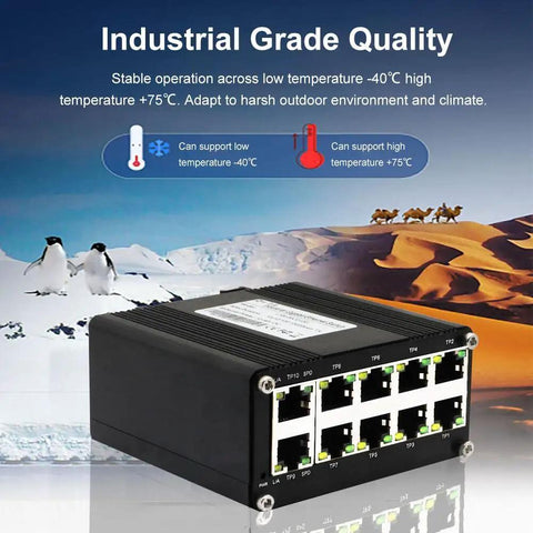 Unmanaged 10 Port Gigabit Ethernet Switch Built Tough For Outdoor DIN Rail Mount 12 48V DC Input Plug And Play RJ45 Ports 10 100 1000 Mbps Weatherproof Industrial Network Switch Harsh Environments Minus 40 To 176 F with penguins and desert background.