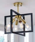 Farmhouse Industrial Ceiling Light Fixture Four Light Dope Vintage Modern Rectangle Black Gold Flush Mount