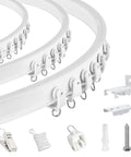 Flexible Bendable Ceiling Curtain Track 16 Ft White Wall Mount Sliding Curtain Rail System With Clips For RV Room Divider And Home Windows, No Fuss Install, Curved For Angled Ceilings, Clips Included, Durable Aluminum Rail, Ideal For RVs And Homes; white curved rail with clips and mounting hardware