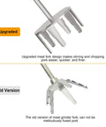 Heavy Duty 3 Inch Stainless Steel Pork Puller Electric Drill Attachment That Shreds Meats Like Butter And Whips Up Potatoes With Smooth Operator Ease Sporting A Grippy Hex Shank For Total Badass Kitchen Efficiency showing upgraded and old versions of meat forks.