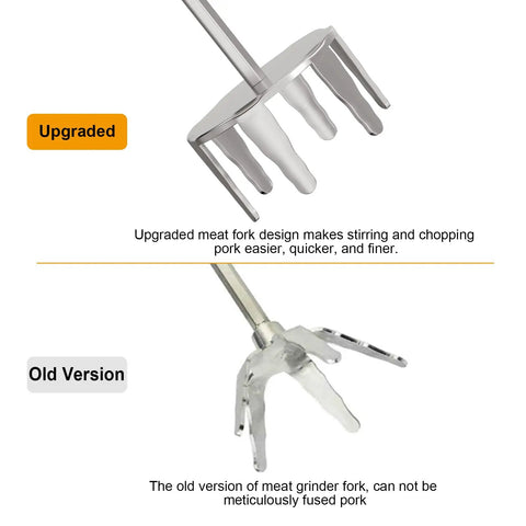 Heavy Duty 3 Inch Stainless Steel Pork Puller Electric Drill Attachment That Shreds Meats Like Butter And Whips Up Potatoes With Smooth Operator Ease Sporting A Grippy Hex Shank For Total Badass Kitchen Efficiency showing upgraded and old versions of meat forks.