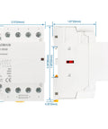 Heavy Duty 110V AC 4 Pole Contactor With Four Normally Open Contacts, 50A Rating, DIN Rail Mount, front and side view dimensions