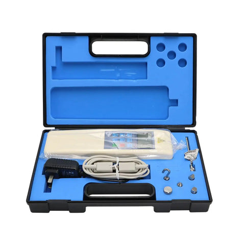 Digital Force Gauge Push And Pull Tester Pro Grade Rechargeable Dynamometer With LCD Display Data Output 2N Max Load 0.001N Precision 5 Modes 3 Units Newton Kilogram Pound 6 Digit Readout For Precise Calibration And Testing. open case with charger and accessories