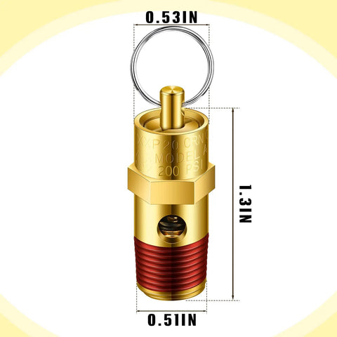 4 Piece Air Compressor Parts Replacement Kit With Relief Valves And Pressure Gauges, One Quarter Inch NPT, 0 To 125 PSI Gauge Range, Tank Accessory Set Featuring Two Pressure Relief Valves And Two Gauges. brass relief valve, 1/4 in NPT, 0.53 in top view