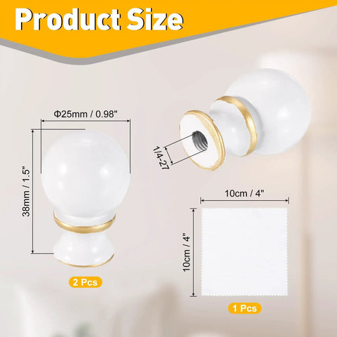 2 Pack 1.5 Inch Tall Lamp Finials White And Gold With 1/4-27 Thread Cap Knobs And Cleaning Cloth For Table And Floor Lamps Shade Holder Decor Durable Metal Construction No-Fuss Easy Screw On Install Great For Chandeliers And Living Room Lighting, showing finial size dimensions and included cleaning cloth.