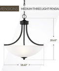 Geary Three Light Pendant In Midnight Black Steel with dimensions of 20.63" height and 18.63" diameter, satin etched glass shade.