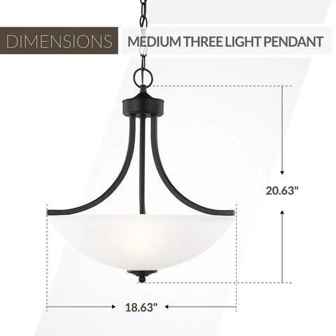 Geary Three Light Pendant In Midnight Black Steel with dimensions of 20.63" height and 18.63" diameter, satin etched glass shade.