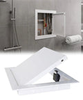 Top Shelf Heavy Duty Ceiling Access Panel For Drywall And Electrical Conduits With Sleek Aluminum Magnetic Latch Concealed Recessed Hatch Cover Plate White 18 By 24 Inch Flush Seam Design Quick Setup Zero Sweat Job in a bathroom setting.
