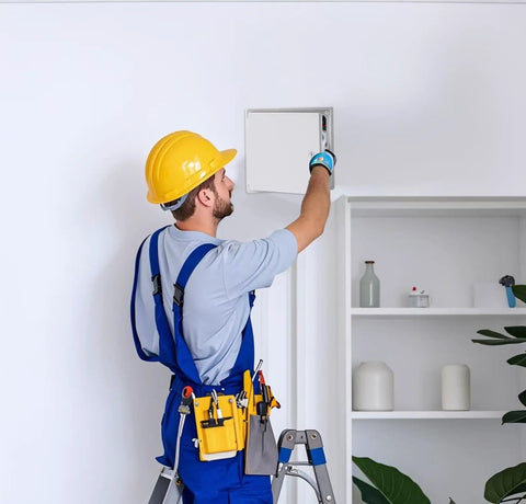 Installer using No Sweat 8X8 White Plastic Access Panel With Door, 6.5 Inch Opening Ideal For HVAC And Plumbing.