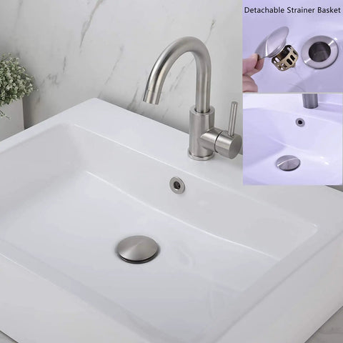 Stainless Steel Brushed Nickel Pop Up Sink Drain With Detachable Strainer Basket in modern bathroom sink setting.
