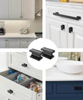 Collage of 2 pack extra large matte black square cabinet knobs for modern cabinets and drawers, installed in kitchens and bathrooms.