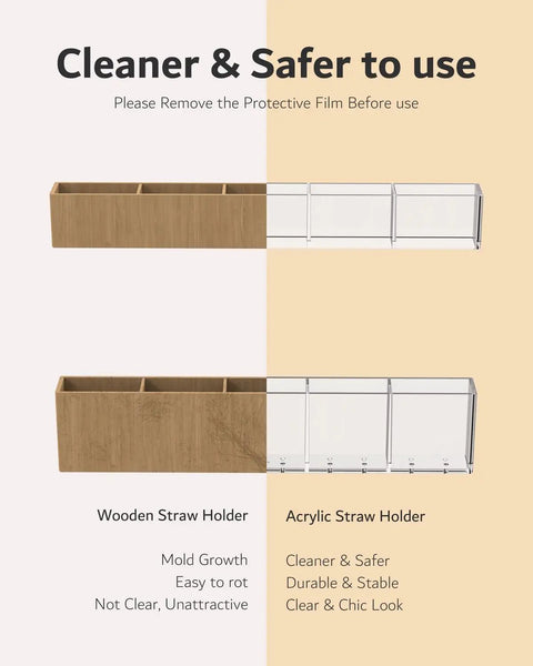 Slick 9.5 Inch Acrylic Straw Organizer Clips Securely To Cabinet Doors With Extra Grippy Adhesive Strips Features Sloped Drainage Base Keeps Countertops Totally Clutter Free And Ready For Use. Comparison of acrylic and wooden straw holders.