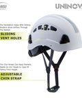 Construction Hard Hat With Six Point Adjustable Suspension ANSI Z89.1 Type I Class C White ABS Safety Helmet For Builders And Pros On The Job Site Built For Tough Jobs with sliding vent holes and adjustable chin strap.