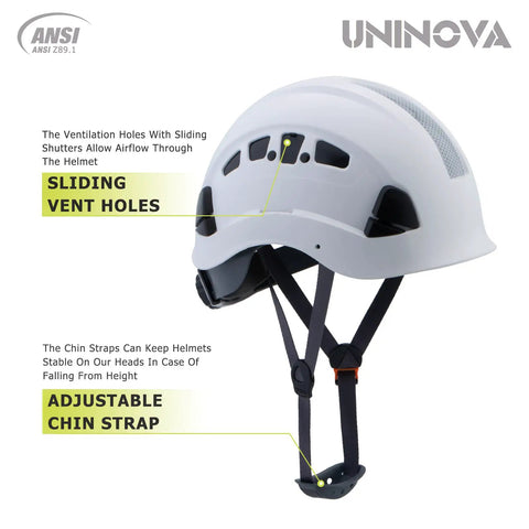 Construction Hard Hat With Six Point Adjustable Suspension ANSI Z89.1 Type I Class C White ABS Safety Helmet For Builders And Pros On The Job Site Built For Tough Jobs with sliding vent holes and adjustable chin strap.