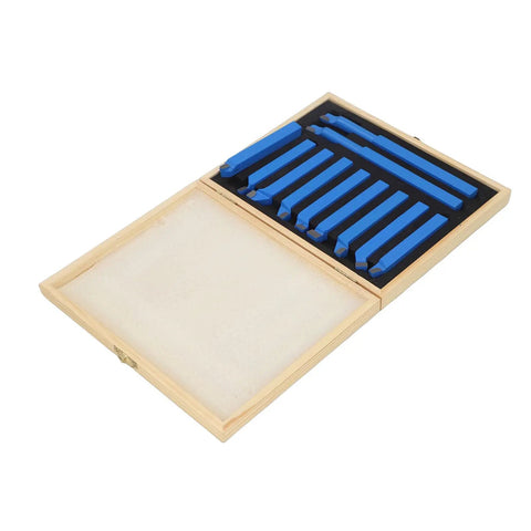 Rock Solid 11 Piece Lathe Tool Set With Carbide Tips For High Performance Machining and Precision Cuts in wooden case.