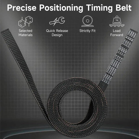 Gates 2GT Timing Belt 2mm Pitch 6mm Wide 2M Length with 8 Copper Sleeves for Ender 3, 5, CR-10 Series coiled on black surface.