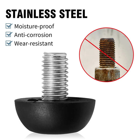 24 Pack Adjustable Outdoor Furniture Leg Levelers 8mm By 1.25 M8 Stainless Steel Screw In Feet With Non Marking Nylon Base display of rust-resistant features
