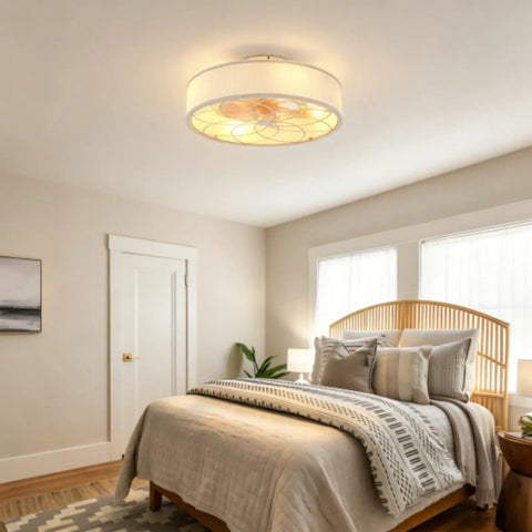 Yunstore mathishome Fabric-Style Bladeless Ceiling Fan with Remote Control (Bulb Not Included) in a modern bedroom setting.