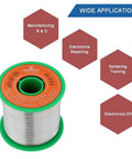 Lead Free Solder Wire With Rosin Core Flux 2.5 Percent Flow 0.032 Inch 0.8mm Diameter 1.1 Pound 500 Gram Spool For Electronics Soldering Sn99 Ag0.3 Cu0.7 spool with application icons.