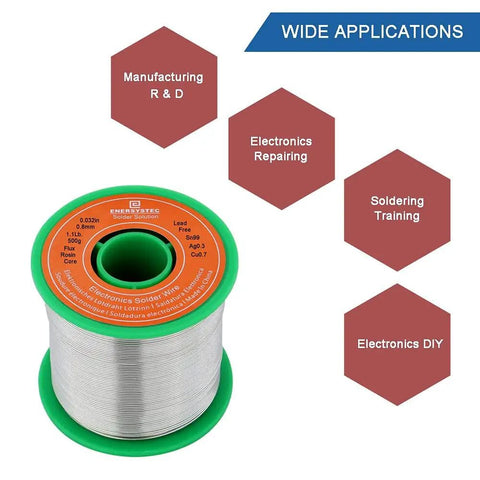 Lead Free Solder Wire With Rosin Core Flux 2.5 Percent Flow 0.032 Inch 0.8mm Diameter 1.1 Pound 500 Gram Spool For Electronics Soldering Sn99 Ag0.3 Cu0.7 spool with application icons.