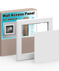 Breezy Peel And Stick Self Adhesive Access Panel 12X12 Plastic Wall Hole Cover with packaging design and white trim.