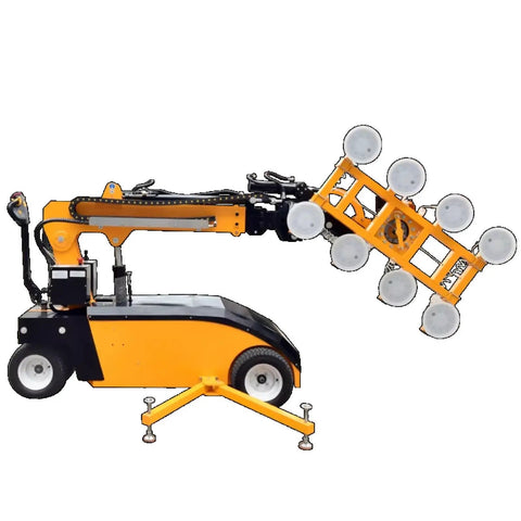 Heavy Duty Electric Vacuum Glass Lifter With Multi Suction Cup System For Smooth Curtain Wall Construction And No Sweat Glass Panel Install Pro Grade Mobile Robot Handler featuring multi suction cups and robotic arm.