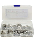 Internal Tooth Lock Washer Kit 200 Piece Set In 304 Stainless Steel, Heavy Duty Rust Resistant Washers, Five Size Assortment For Marine Auto And Outdoor Projects, Built Tough For Leak Proof Secure Connections. Open organizer case with assorted washers