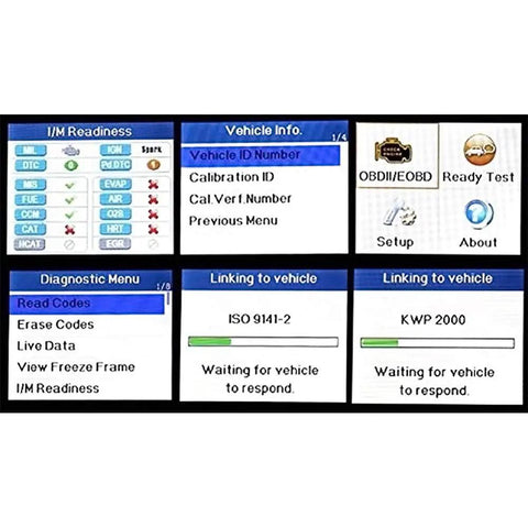 Screen display from AL319 OBD2 Scanner Car Code Reader for Engine Fault Codes showing diagnostic menus and system readiness.