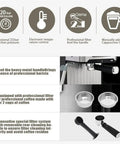 Electric Cappuccino Maker With Auto Milk Frother Stainless Steel Build And Removable Water Tank Safety Pressure Valve Plus Easy Clean Drip Tray features professional filter and heavy metal handle for barista-quality coffee.