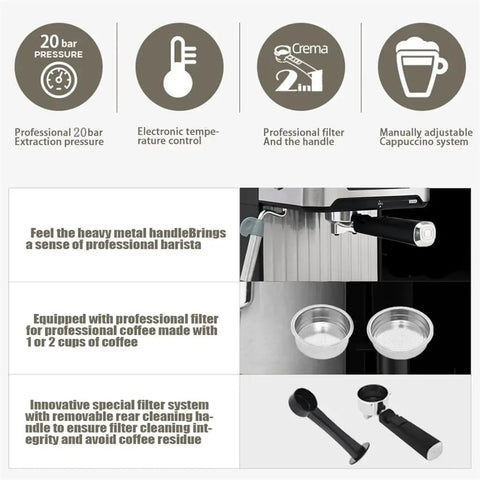Electric Cappuccino Maker With Auto Milk Frother Stainless Steel Build And Removable Water Tank Safety Pressure Valve Plus Easy Clean Drip Tray features professional filter and heavy metal handle for barista-quality coffee.