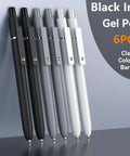 Gel Pens Set Six Pack 0.5mm Quick Dry Ballpoint Pens With Smooth Writing And Soft Grip For Journaling Doodles Office Desk Accessories Gifts For Him Or Her Black Gray White Ink, classic colored barrels visible.