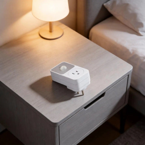 PIR Infrared Motion Sensor Outlet 110V 1800W Auto On Off Switch For Garage Hallway Living Room White ABS Receptacle No Brainer For Security Light Control And Energy Saving Home Automation. White ABS 100×50×70 mm sensor outlet on bedside table