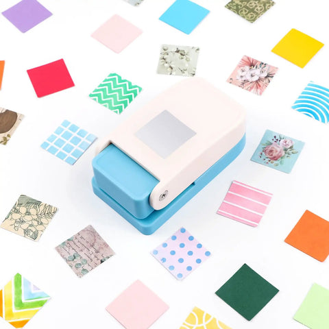 1 Inch Square Punch Lever Action Craft Punch for Paper Crafting and Scrapbooking shown with colorful paper squares.