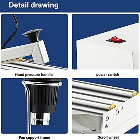Detail drawing of 24 Inch Shrink Wrap Machine And Heat Sealer components including handle, power switch, fan support, and scroll wheel.