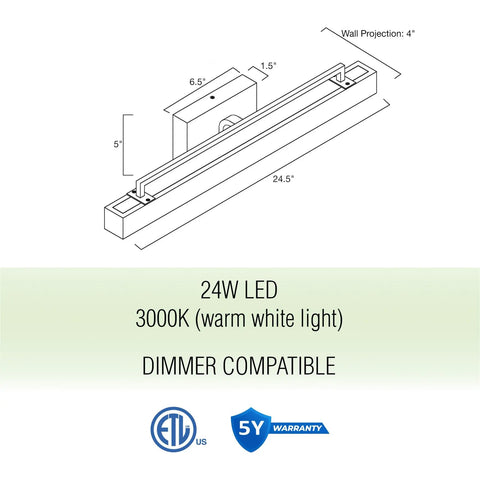 Diagram of Modern Farmhouse Integrated LED Vanity Light Bar, 24W 3000K Warm White Glow, 25-Inch Hand-Painted Wood Grain Metal Linear Sconce