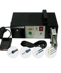 Built Different Heavy Duty Electric Wire Stripper Crimping Tool With Swap Out Die Sets Auto Terminal Crimper, view of black machine with foot pedal.