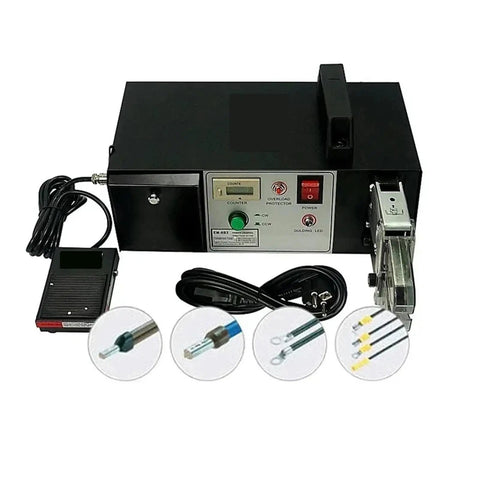 Built Different Heavy Duty Electric Wire Stripper Crimping Tool With Swap Out Die Sets Auto Terminal Crimper, view of black machine with foot pedal.
