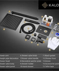 Components of Matte Black Rain Shower System With Jets Brass Bathroom Shower Faucet Set With 10 Inch Rain Shower Head and tools.