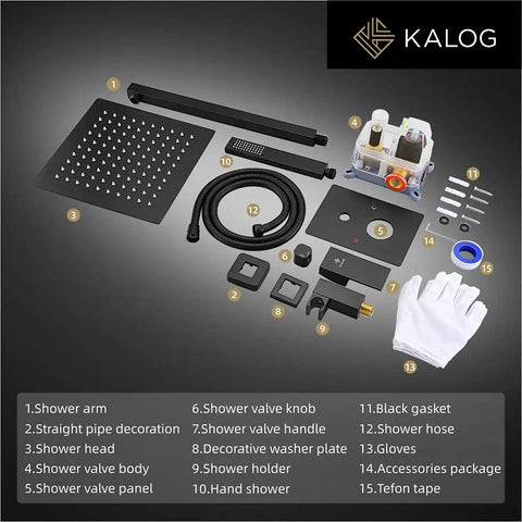 Components of Matte Black Rain Shower System With Jets Brass Bathroom Shower Faucet Set With 10 Inch Rain Shower Head and tools.