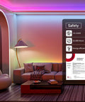 Living room with Individually Addressable RGB LED Strip 5V 144 LEDs 3.28ft 5050 SMD, vibrant lighting on ceiling and walls.