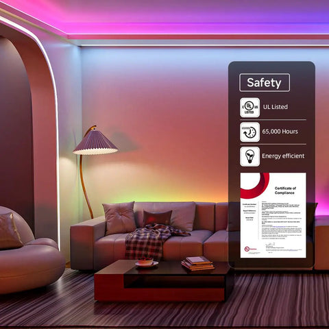 Living room with Individually Addressable RGB LED Strip 5V 144 LEDs 3.28ft 5050 SMD, vibrant lighting on ceiling and walls.