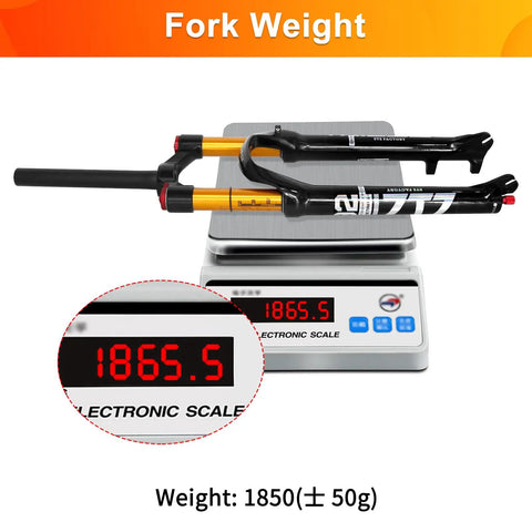 Ultralight Air Suspension Front Fork For XC/AM Mountain Bikes, 120mm Travel on scale showing 1865.5g weight