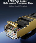 Close-up of Cat 8 Ethernet Cable 20 Ft Flat with gold-plated RJ45 connector, braided SSTP, 8 PCS pure copper triangular chip visible.