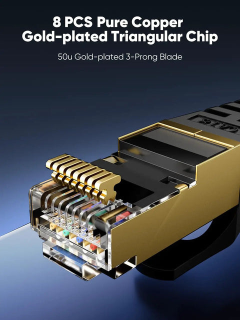 Close-up of Cat 8 Ethernet Cable 20 Ft Flat with gold-plated RJ45 connector, braided SSTP, 8 PCS pure copper triangular chip visible.