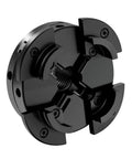 No Sweat Four Jaw Wood Lathe Chuck Set With One By Eight Tpi Thread, black metal chuck showing four jaws for woodturning.