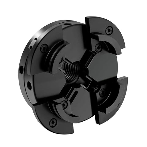 No Sweat Four Jaw Wood Lathe Chuck Set With One By Eight Tpi Thread, black metal chuck showing four jaws for woodturning.